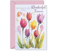 Fiancée Birthday Card - Watercolour Tulips Flowers - Happy Birthday Card for Fiancée from Fiancé Partner, A5 Female Floral Bday Greeting Cards