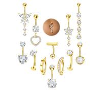 FIASASO 12 Pcs Gold Belly Button Ring Dangle Hypoallergenic Surgical Stainless Steel Belly Rings for Women CZ Pearl Heart Butterfly Flower Navel Piercing Jewelry Floating Clicker Dangly Curved Navel