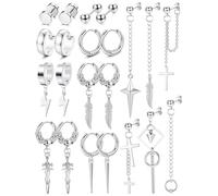 Fiasaso 22Pcs Dangle Earrings for Men Stainless Steel Hinged Hoop Earrings Long Chain Stud Cross Dangle Earrings Set Kpop Earrings for Mens Black, Silver and Gold, Metal, Cubic Zirconia