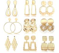FIASASO 9 Pairs Clip On Earrings for Women Dangle Teardrop Trapezoid Square Rectangle Ball Golden Silver Metal Geometric Clip-on Earrings Non Piercing Drop Earrings, Stainless Steel, No Gemstone