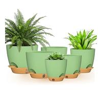 FIASON 6 Pack Self-Watering Plant Pots, 12.5/13.9/15/16.5/17.7/20cm Flower Pots with Drainage Holes Saucers, Modern Planter for Indoor Outdoor Plants, Green