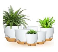 FIASON 6 Pack Self-Watering Plant Pots, 12.5/13.9/15/16.5/17.7/20cm Flower Pots with Drainage Holes Saucers, Modern Planter for Indoor Outdoor Plants, White