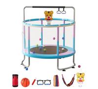Fiauli 5FT Toddler Mini Trampoline, Indoor Outdoor Toys with Swing, 440lbs Baby Kids Trampoline, Gymnastics Bar, Birthday Gifts for Boy Girl ith Basketball Hoop, Swing, Sandbag, Ocean Balls Blue Purp