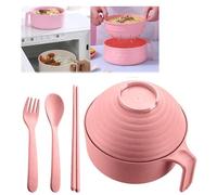 Fiauli Ramen Cooker Ramen Bowl Set,33 oz Microwave Noodle Cooker with Handle,Spoon Chopsticks Fork,Plastic Ramen Noodle Bowl,Microwavable Fast Ramen Pot College Dorm Room Apartment Essentials Pink