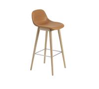Fiber Bar Stool w. Wood Base And Backrest Leather Upholstered Cognac/Oak H97.5 cm