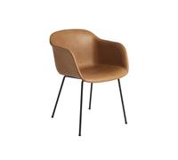 Fiber Dining Chair w. Armrests and Tube Base Leather Upholstered Cognac/Black