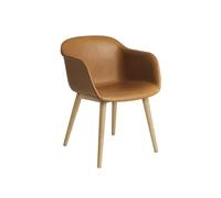 Fiber Dining Chair with Armrest and Wood Base Leather Upholstered Cognac/Oak
