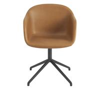 Muuto Fiber Dining Chair w. Armrests & Swivel Base Leather Upholstered Cognac/Black