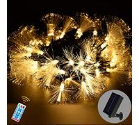 Fiber Optic Solar String Lights Outdoor Waterproof 33FT 60 LED Starburst Firework Fairy Lights Green Wire Solar Powered Twinkle Christmas Lights for Tree Fence Garden Yard Decoration (Warm White)