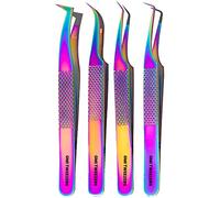 Fiber Tip Lash Tweezers- Pack of 4 Eyelash Extension Tweezers Professional- Lash Tweezers.