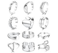 FIBO STEEL 12PCS Gold Chunky Rings for Women, 18K Gold Plated Thick Rings, Stacking Open Rings Set Adjustable