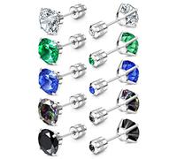 FIBO STEEL 5 Pairs Titanium Screw Back Surgical Stainless Steel Stud Earrings for Women Men, Rainbow 5A Cubic Zirconia Sleep Hypoallergenic Stud for Sensitive Ears, Metal, Cubic Zirconia
