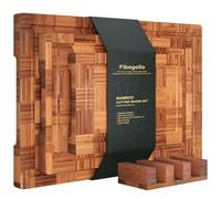 Fibogollo Bamboo Cutting Boards for Kitchen(Set of 3),Chopping Boards with Juice Groove,End Grain Bamboo Butcher Block,Serving Board with Holder