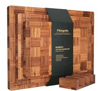 Fibogollo Bamboo Cutting Boards for Kitchen(Set of 3),Chopping Boards with Juice Groove,End Grain Serving Board with Holder,Bamboo Butcher Block for Meat,Vegetables,Fruit