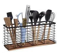 Fibogollo Extra Large Kitchen Utensil Holder with 4 Compartments,Metal Utensil Organizer with Acacia Wood Base for Kitchen Countertop, Flatware Organizer for Silverware and Cooking Utensils Crocks