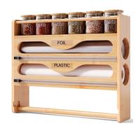 Fibogollo Wrap Dispenser with Cutter and Label,4-in-1 Wall Mounted Bamboo Plastic Wrap Organizer with Spice shelf and Paper Towel Holder for Aluminum Foil,Cling Wrap,Wax,Parchment,Zipper Bag（Natural）