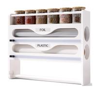 Fibogollo Wrap Dispenser with Cutter and Labels,4-in-1 Wall Mounted Bamboo Plastic Wrap Organizer with Spice shelf and Paper Towel Holder for Aluminum Foil,Cling Wrap,Wax,Parchment,Zipper Bags(White)