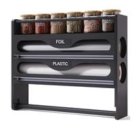 Fibogollo Wrap Dispenser with Cutter and Labels,4-in-1 Wall Mounted Bamboo Plastic Wrap Organizer with Spice shelf and Paper Towel Holder for Aluminum Foil,Cling Wrap,Wax,Parchment,Zipper Bags(Black)