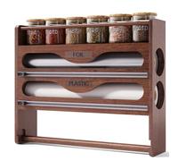 Fibogollo Wrap Dispenser with Cutter and Labels,4-in-1 Wall Mounted Bamboo Plastic Wrap Organizer with Spice shelf and Paper Towel Holder for Aluminum Foil,Cling Wrap,Wax,Parchment,Zipper Bags（Brown）