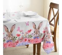 FIBORIA Easter Table Cloth Rectangular 140x200 cm Wipe Clean Tablecloth Spring Bunny Floral Table Cloths Water Resistant Table Cover for Party Outfoor Garden Picnic Festive Decorations,55x78 inch