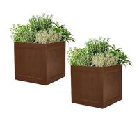 Fibre Clay Box Planters 36.5cm Set of 2 Indoor Outdoor Planters Faux Wood Panel Flower Pot Patio Decking Lawn Doorstep Porch Houseplant Shrub Topiary Bush Square Plant Pots 43.5L (M)