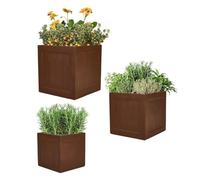 Fibre Clay Box Planters Indoor Outdoor Planters Faux Wood Panel Flower Pot Patio Decking Lawn Doorstep Porch Houseplant Shrub Topiary Bush Square Plant Pots (Full Set)