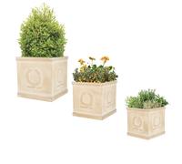 Fibre Clay Box Planters Set of 3 Square Plant Pots Embossed Laurel Wreath