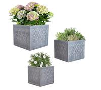Fibre Clay Box Planters Set of 3 Square Plant Pots with Embossed Design | Drainage Holes, Box Planters, Plant Pots, Flower Pots, Flower Planters, Planters, Set of 3, Embossed, Fibre Clay