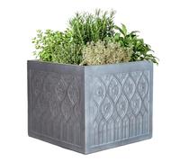 Fibre Clay Box Planters Square Plant Pots with Embossed Design (Medium) | Drainage Holes, Box Planters, Plant Pots, Flower Pots, Flower Planters, Planters, Grey, Flower Design