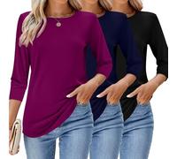 Ficerd 3 Pack 3/4 Length Sleeve Women's Tops 2024 Fashion Shirts Casual Basic Tees Boat Neck Curved Hemline Design Blouses, Black, Navy Blue, Fuchsia, M
