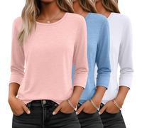 Ficerd 3 Pack 3/4 Sleeve Tops for Women T Shirts Round Neck Dressy Basics Tees Blouses Casual Trendy Loose Fit Shirts(Pink, Light Blue, White,X-Large)