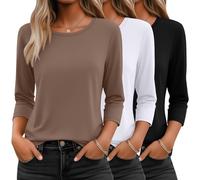 Ficerd 3 Pack 3/4 Sleeve Tops for Women T Shirts Round Neck Dressy Basics Tees Blouses Casual Trendy Loose Fit Shirts(Black,White,Coffee,Large)