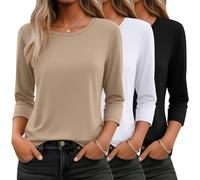 Ficerd 3 Pack 3/4 Sleeve Tops for Women T Shirts Round Neck Dressy Basics Tees Blouses Casual Trendy Loose Fit Shirts(White, Mocha, Black,X-Large)