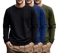 Ficerd 3 Pack Mens Big and Tall Cotton Knit Long Sleeve Shirts | Crew Neck Oversized Tees, Loose Fit Plus Size Undershirts, Soft Basic Casual Clothes for Comfortable Daily and Lounge Wear
