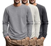 Ficerd 3 Pack Men's Big and Tall Shirts Long Sleeve Cotton Tee Crew Neck Oversize Tops Casual Loose Fit Knitted T Shirts(Dark Gray, Ivory, Light Gray,7X-Large)