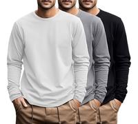 Ficerd 3 Pack Men's Big and Tall Shirts Long Sleeve Cotton Tee Crew Neck Oversize Tops Casual Loose Fit Knitted T Shirts(Black, White, Light Gray,XXL)