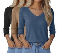Ficerd 3 Pack Women's 3/4 Length Sleeve V Neck Tops, 3-Color, Large