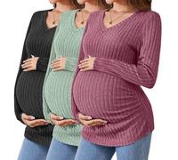 Ficerd 3 Pack Women's Maternity Shirts Ribbed Long Sleeve Pregnancy Tops V Neck Knit Side Ruched Pregnant Clothes Sweater(Wine Red, Green, Black,S)