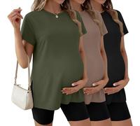 Ficerd 3 Pack Women's Maternity T Shirts, Short Sleeve Side Split Pregnancy Tops Casual Crew Neck Pregnant Tees Mama Clothes(Black, Coffee, Army Green,Large)