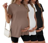 Ficerd 3 Pack Women's Maternity T Shirts, Short Sleeve Side Split Pregnancy Tops Casual Crew Neck Pregnant Tees Mama Clothes(Black, White, Coffee,Medium)