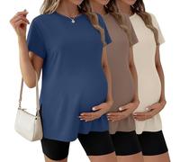 Ficerd 3 Pack Women's Maternity T Shirts, Short Sleeve Side Split Pregnancy Tops Casual Crew Neck Pregnant Tees Mama Clothes(Haze Blue, Coffee, Cream,Large)