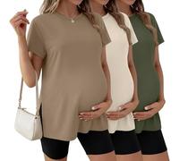 Ficerd 3 Pack Women's Maternity T Shirts, Short Sleeve Side Split Pregnancy Tops Casual Crew Neck Pregnant Tees Mama Clothes(Khaki, Cream, Army Green,Small)