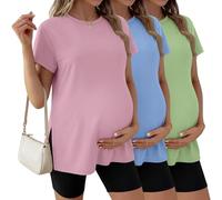 Ficerd 3 Pack Women's Maternity T Shirts, Short Sleeve Side Split Pregnancy Tops Casual Crew Neck Pregnant Tees Mama Clothes(Light Green, Sky Blue, Light Pink,Large)