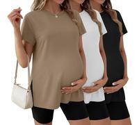 Ficerd 3 Pack Women's Maternity T Shirts, Short Sleeve Side Split Pregnancy Tops Casual Crew Neck Pregnant Tees Mama Clothes(Black, White, Khaki,X-Large)