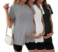 Ficerd 3 Pack Women's Maternity T Shirts, Short Sleeve Side Split Pregnancy Tops Casual Crew Neck Pregnant Tees Mama Clothes(Black, White, Light Gray,Medium)