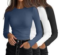 Ficerd 3 Pack Women's Ribbed Long Sleeve Shirts Fitted Tops | Slim Basic Undershirts, Crew Neck Knit T-Shirts, Business Outfits, Workout Stretch Layering Tees, Fall Winter Casual Clothes