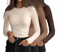 Ficerd 3 Pack Women's Ribbed Long Sleeve Shirts Fitted Tops | Slim Basic Undershirts, Crew Neck Knit T-Shirts, Business Outfits, Workout Stretch Layering Tees, Fall Winter Casual Clothes