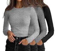Ficerd 3 Pack Women's Ribbed Long Sleeve Shirts Fitted Tops | Slim Basic Undershirts, Crew Neck Knit T-Shirts, Business Outfits, Workout Stretch Layering Tees, Fall Winter Casual Clothes