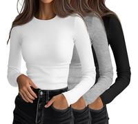 Ficerd 3 Pack Women's Ribbed Long Sleeve Shirts Fitted Tops | Slim Basic Undershirts, Crew Neck Knit T-Shirts, Business Outfits, Workout Stretch Layering Tees, Fall Winter Casual Clothes