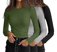 Ficerd 3 Pack Women's Ribbed Long Sleeve Shirts Fitted Tops | Slim Basic Undershirts, Crew Neck Knit T-Shirts, Business Outfits, Workout Stretch Layering Tees, Fall Winter Casual Clothes
